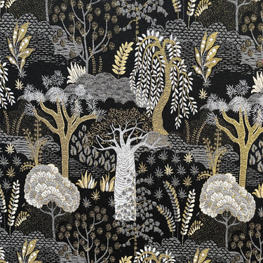 Baobab Botanical Black and Gold Upholstery Fabric close-up.